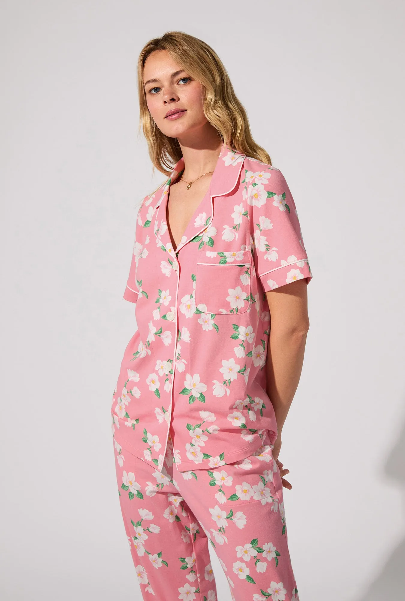 Pink Magnolias Short Sleeve Classic Stretch Jersey Cropped PJ Set sold by BedHead product image thumbnail 2
