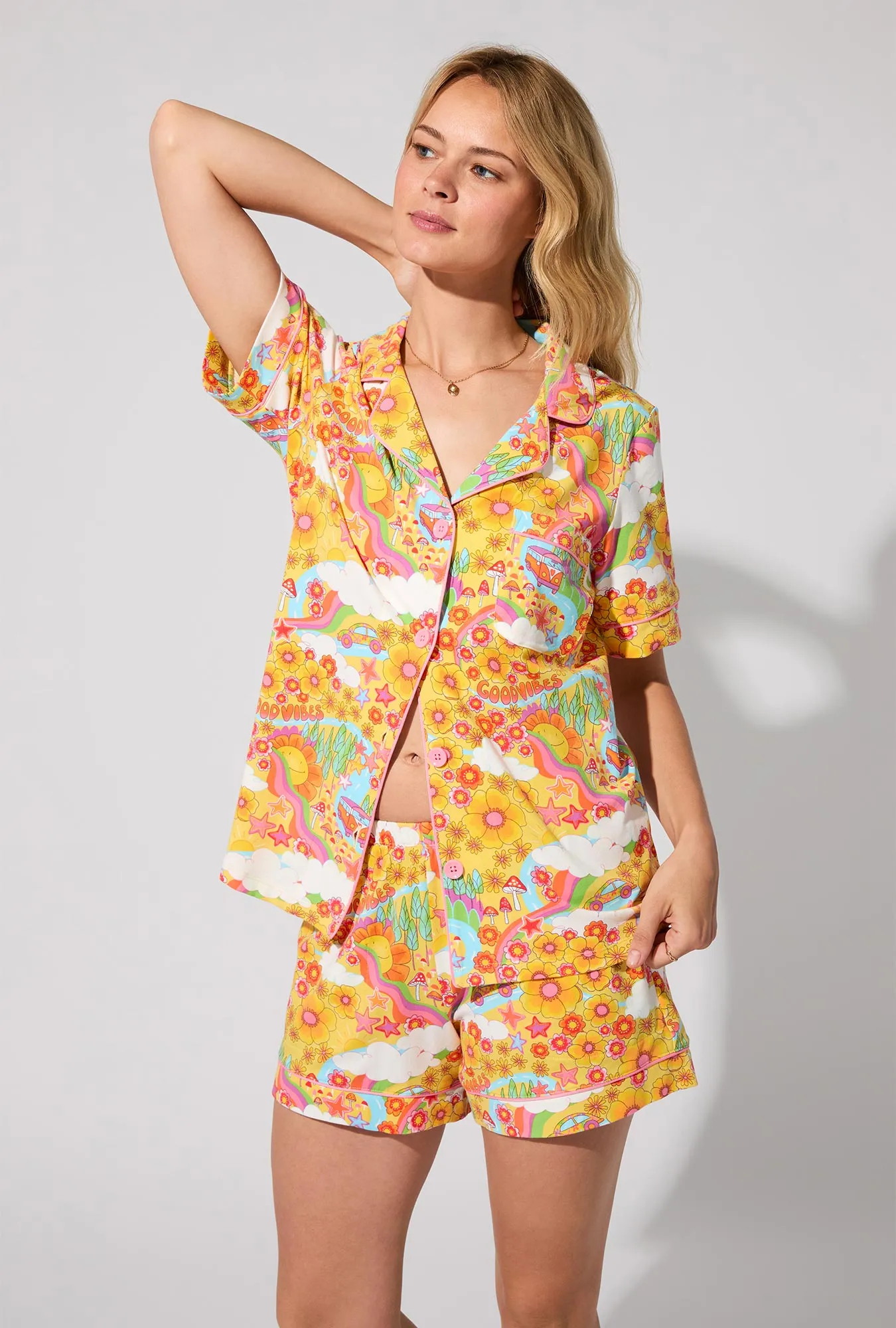 Good Vibes Short Sleeve Classic Shorty Stretch Jersey PJ Set sold by BedHead product image thumbnail 2