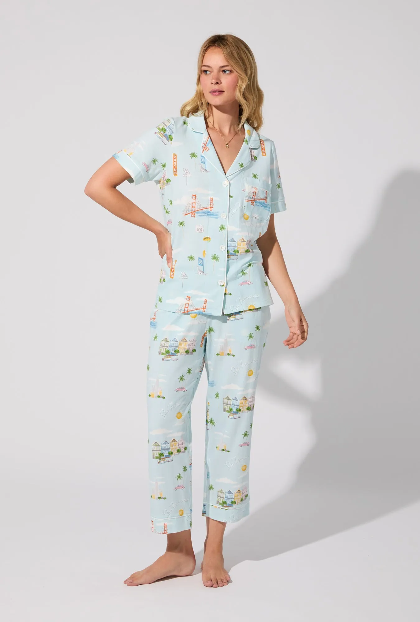City By The Bay Short Sleeve Classic Stretch Jersey Cropped PJ Set sold by BedHead