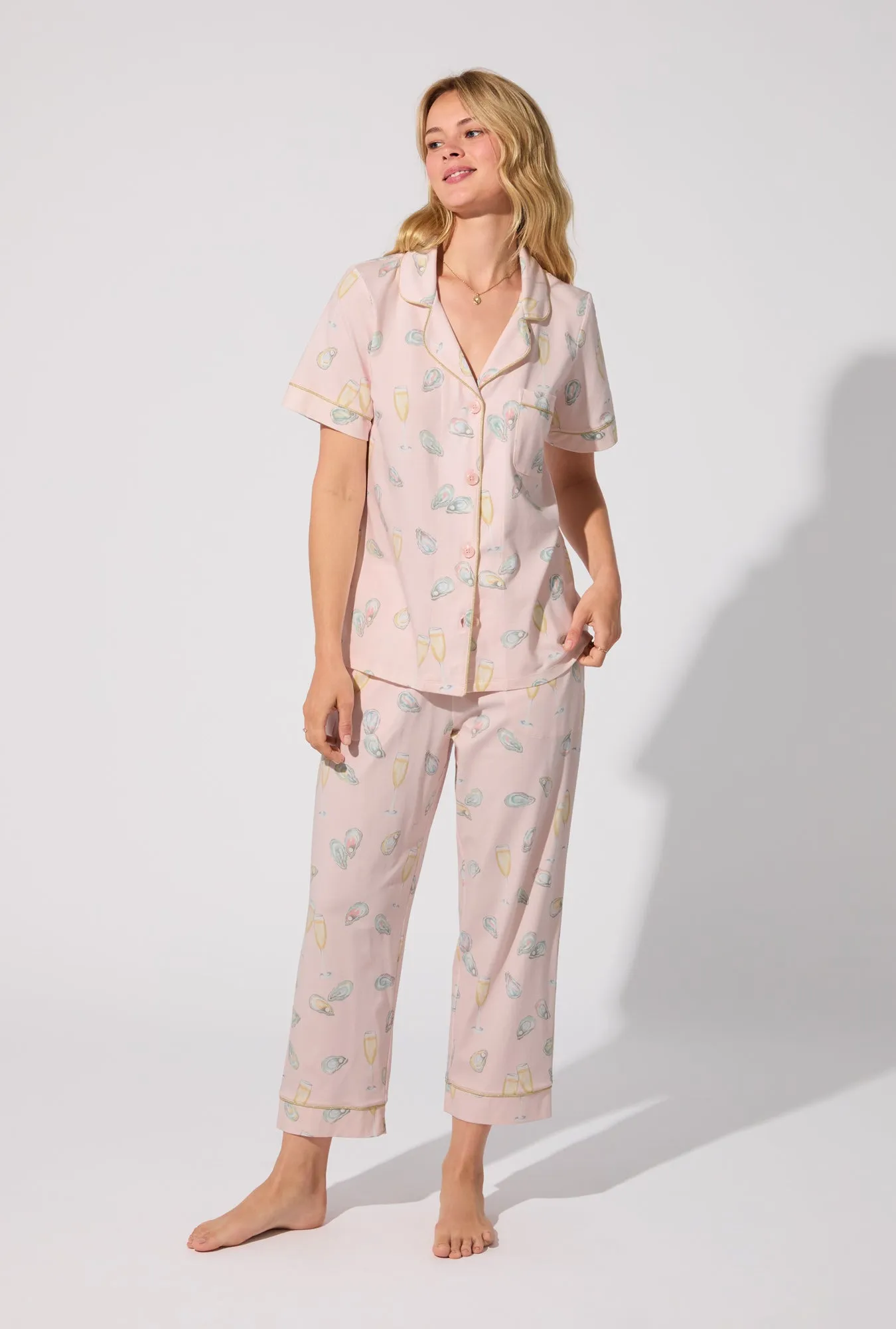Oyster and Champagne Short Sleeve Classic Stretch Jersey Cropped PJ Set sold by BedHead