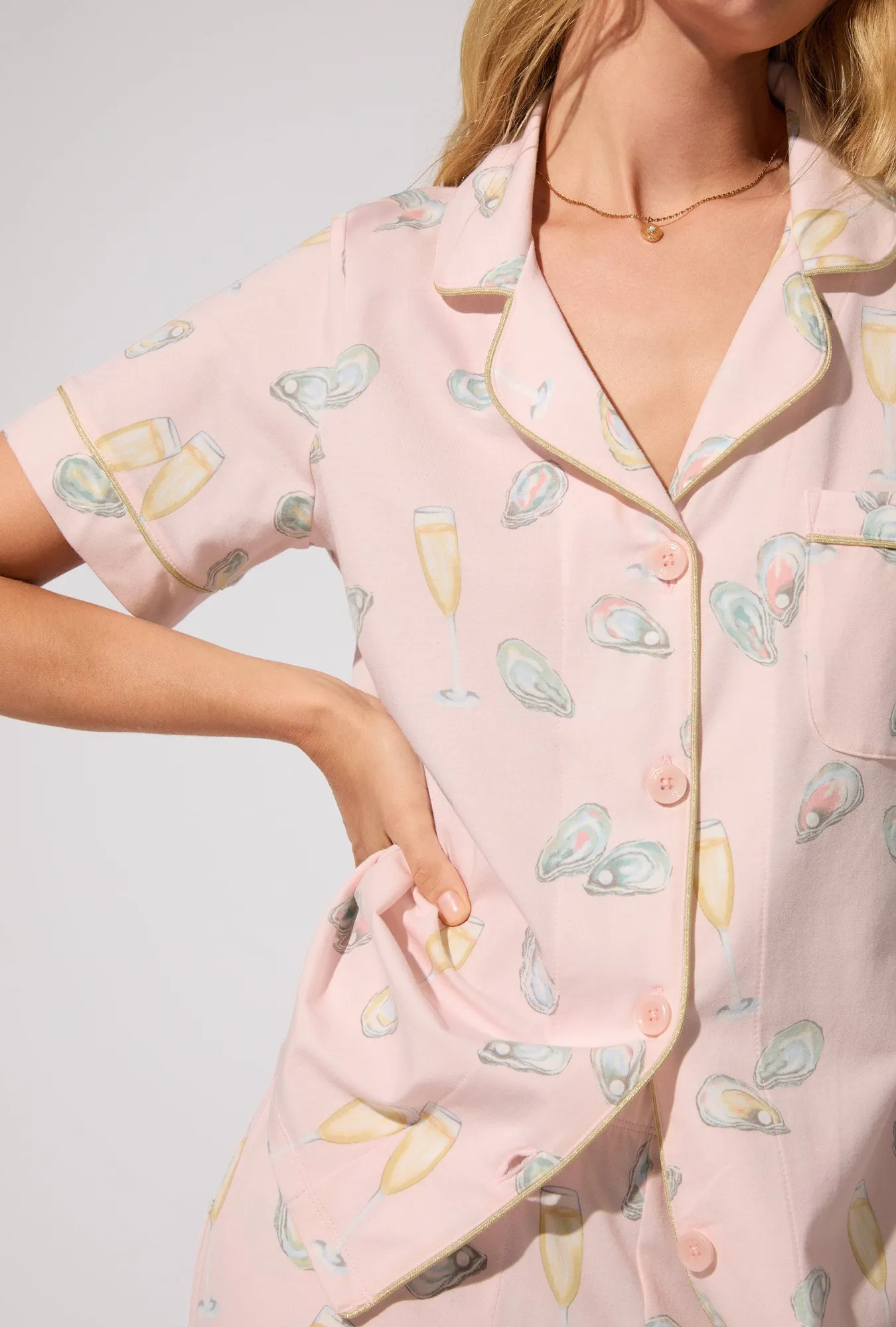 Oyster and Champagne Short Sleeve Classic Stretch Jersey Cropped PJ Set sold by BedHead product image thumbnail 2