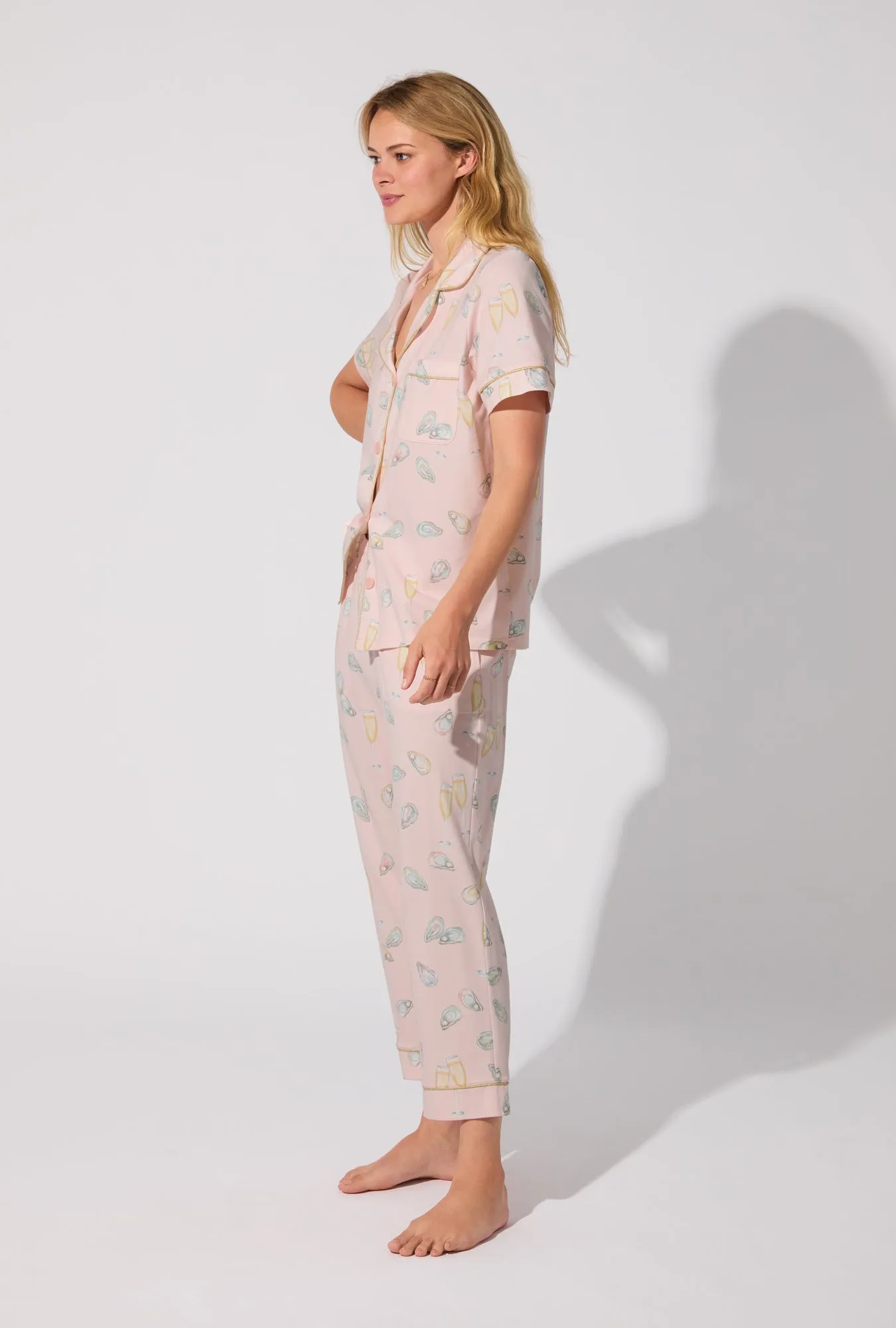 Oyster and Champagne Short Sleeve Classic Stretch Jersey Cropped PJ Set sold by BedHead product image thumbnail 3