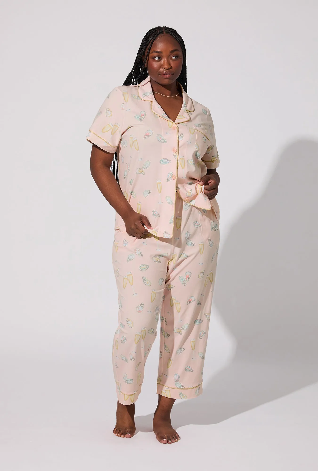 Oyster and Champagne Short Sleeve Classic Stretch Jersey Cropped PJ Set sold by BedHead product image thumbnail 5