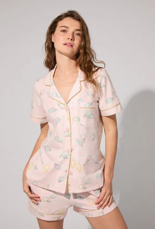 Oyster and Champagne Short Sleeve Classic Shorty Stretch Jersey PJ Set sold by BedHead