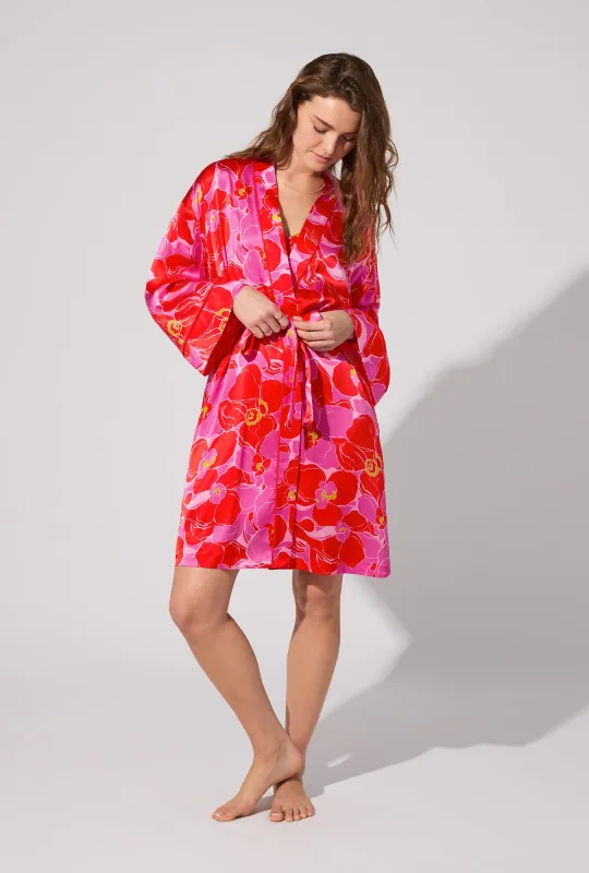 BedHead X Trina Turk Winter Orchids Banded Collar Washable Silk Robe sold by BedHead