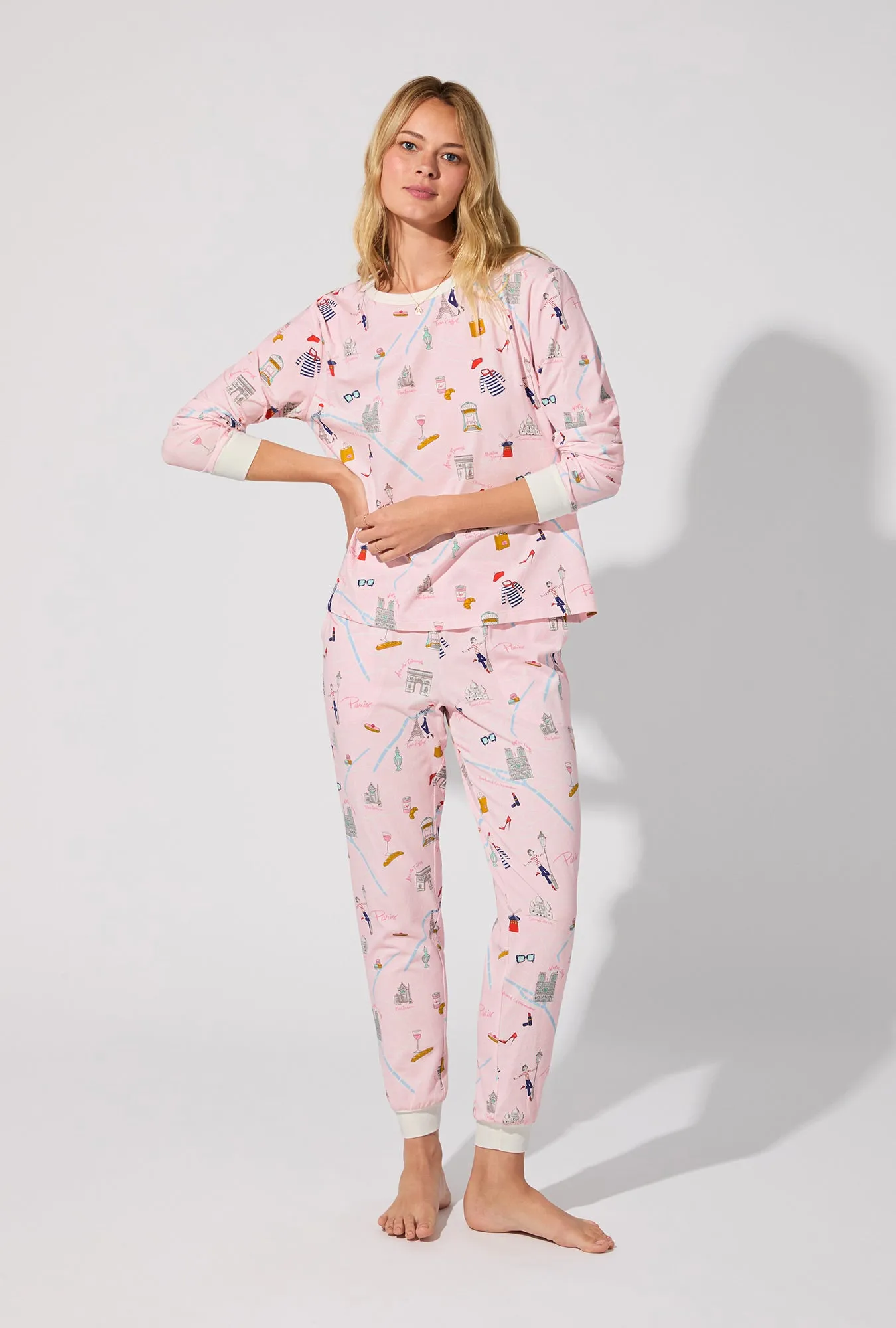 48 Hrs In Paris Long Sleeve Pullover Crew and Jogger Stretch Jersey PJ Set sold by BedHead