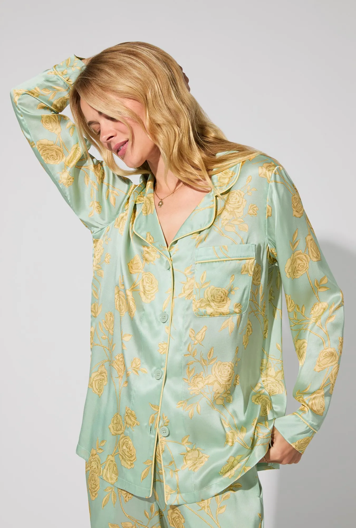 Royal Roses Long Sleeve Classic Woven Washable Silk Satin PJ Set sold by BedHead product image thumbnail 4