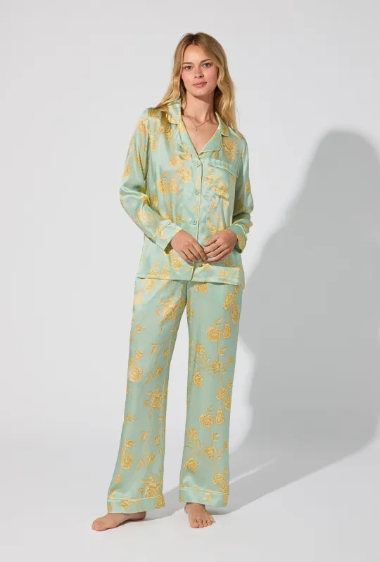 Royal Roses Long Sleeve Classic Woven Washable Silk Satin PJ Set sold by BedHead