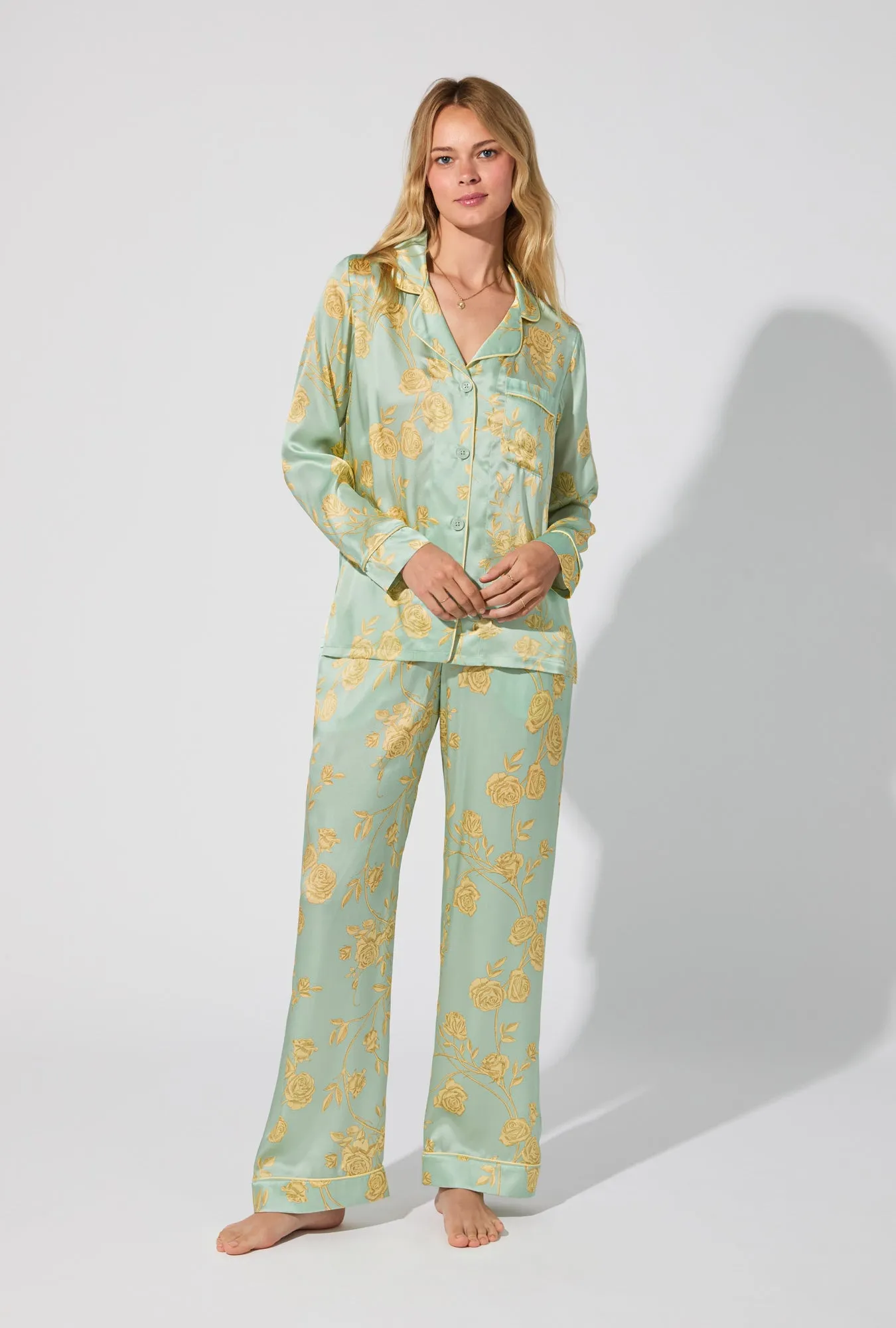 Royal Roses Long Sleeve Classic Woven Washable Silk Satin PJ Set sold by BedHead