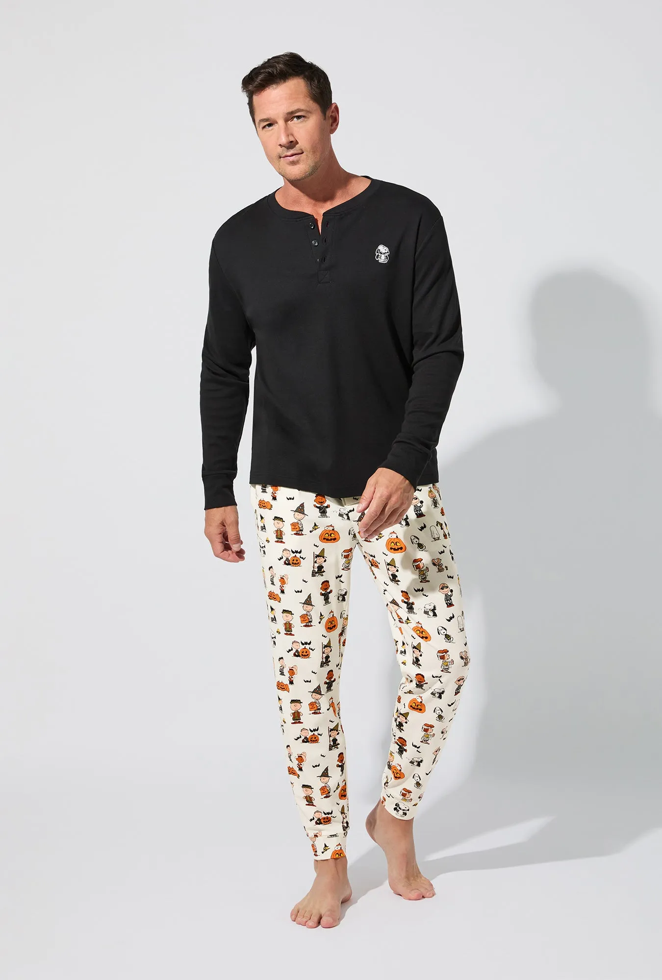 Peanuts® Snoopy's Halloween Men's Long Sleeve Henley and Jogger Stretch Jersey PJ Set sold by BedHead