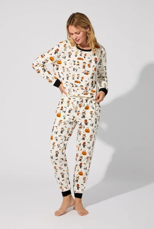 Peanuts® Snoopy's Halloween Long Sleeve Pullover Crew and Jogger Stretch Jersey PJ Set sold by BedHead