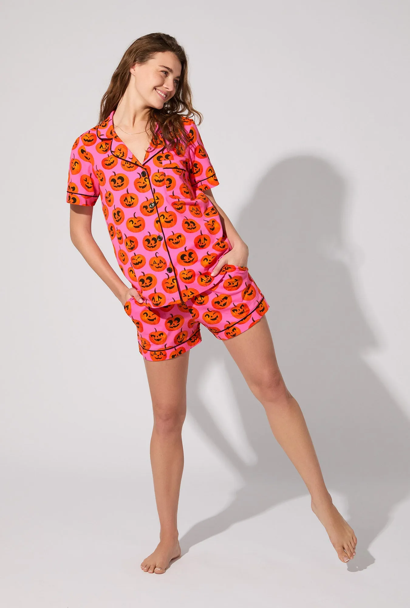 Jolly Jack-O-Lanterns Short Sleeve Classic Shorty Stretch Jersey PJ Set sold by BedHead product image thumbnail 3