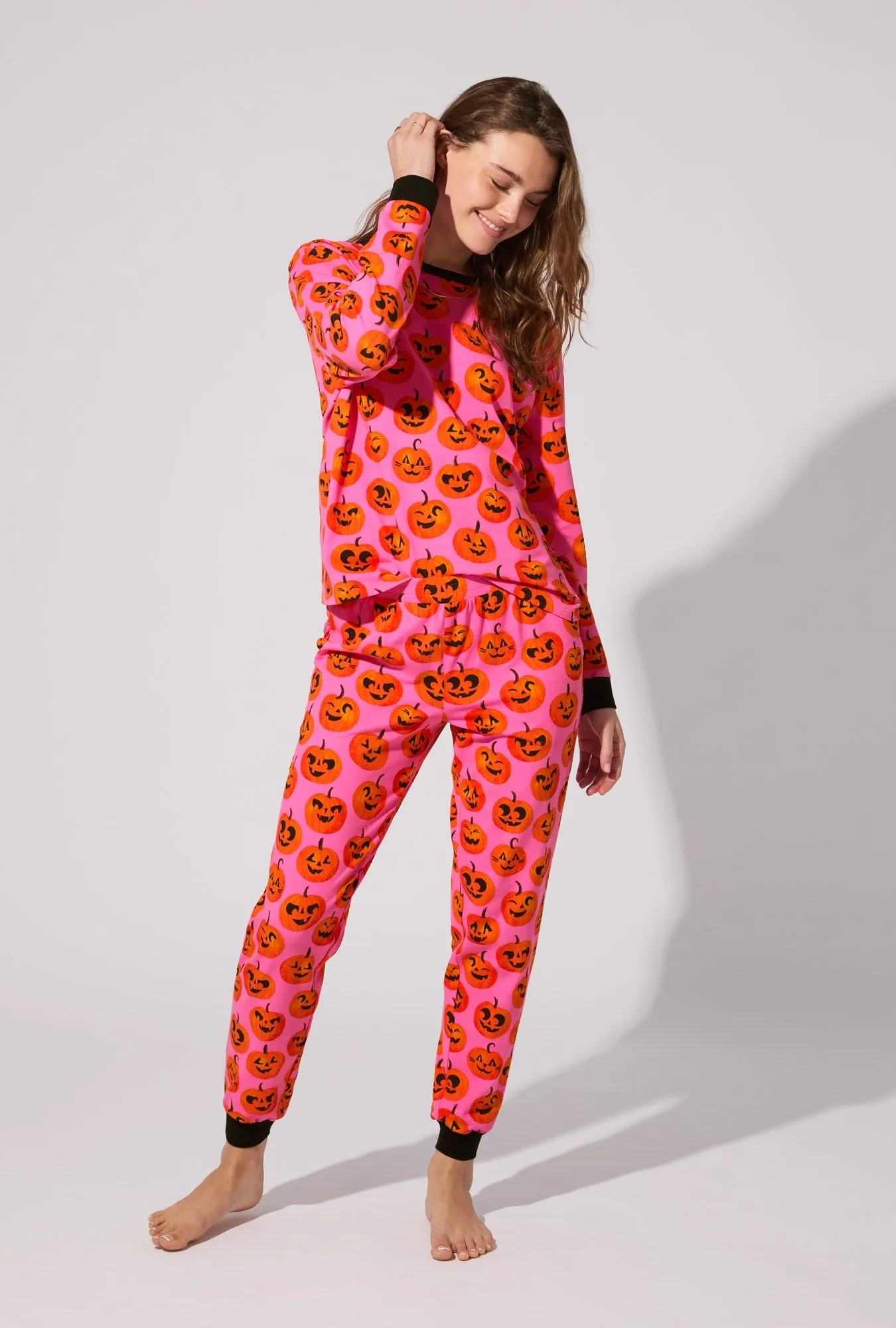 Jolly Jack-O-Lanterns Long Sleeve Pullover Crew and Jogger Stretch Jersey PJ Set sold by BedHead product image thumbnail 5