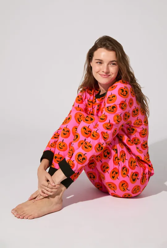 Jolly Jack-O-Lanterns Long Sleeve Pullover Crew and Jogger Stretch Jersey PJ Set sold by BedHead
