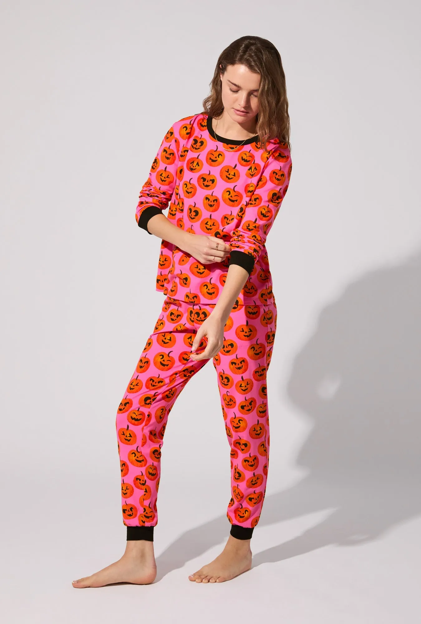 Jolly Jack-O-Lanterns Long Sleeve Pullover Crew and Jogger Stretch Jersey PJ Set sold by BedHead product image thumbnail 2