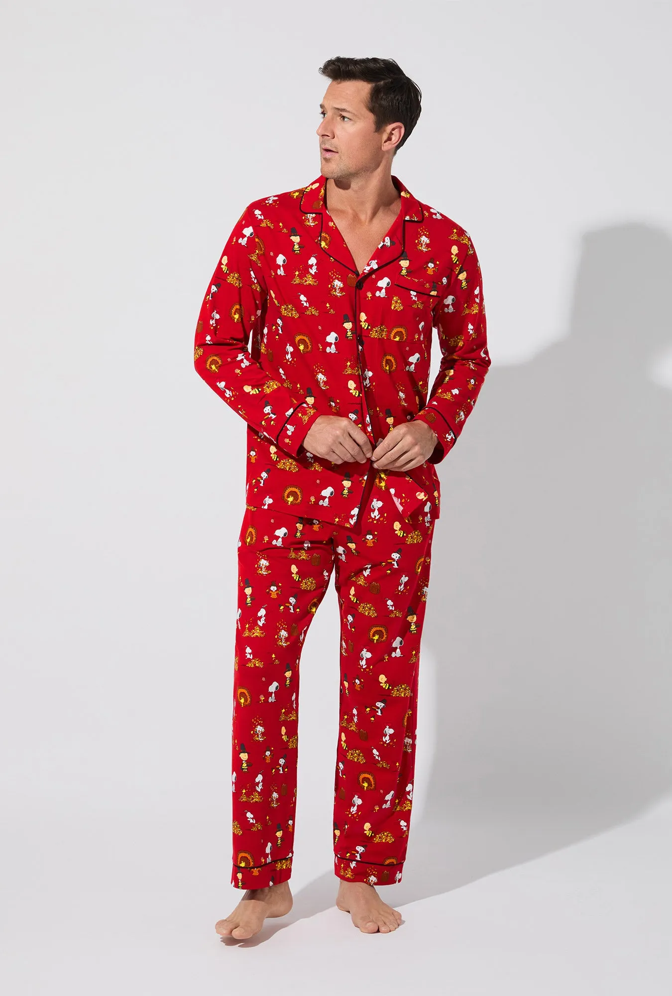 Peanuts® Snoopy Gives Thanks Mens Long Sleeve Classic Stretch Jersey PJ Set sold by BedHead