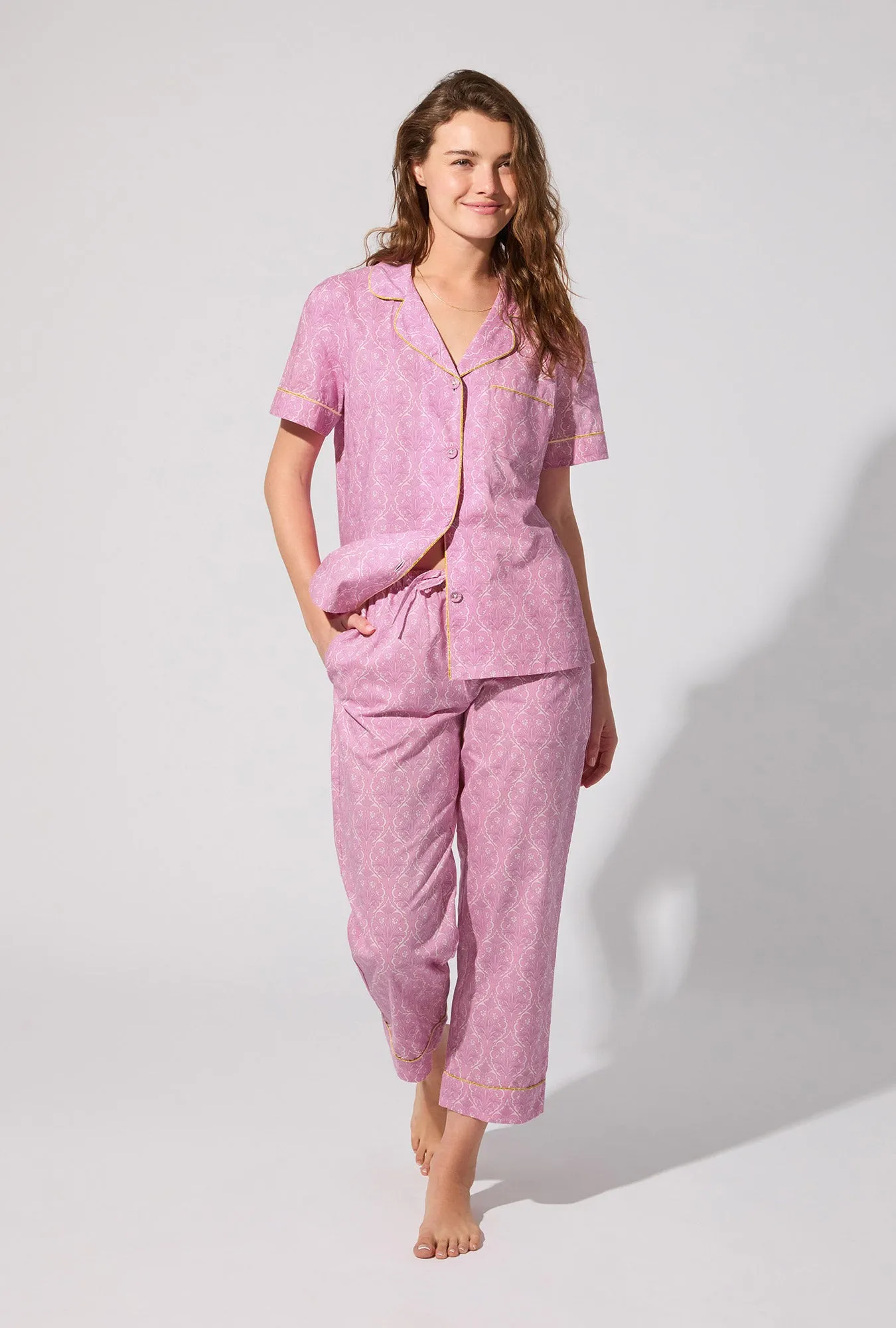Colette Short Sleeve Classic Woven Cotton Poplin Cropped PJ Set sold by BedHead