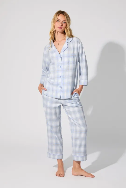 Blue Mountain Plaid 3/4 Sleeve Classic Woven Portuguese Flannel Cropped PJ Set sold by BedHead