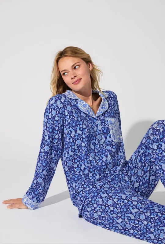 Bloomscape Blue Long Sleeve Classic Stretch Jersey PJ Set sold by BedHead