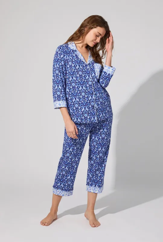 Bloomscape Blue 3/4 Sleeve Classic Stretch Jersey Cropped PJ Set sold by BedHead