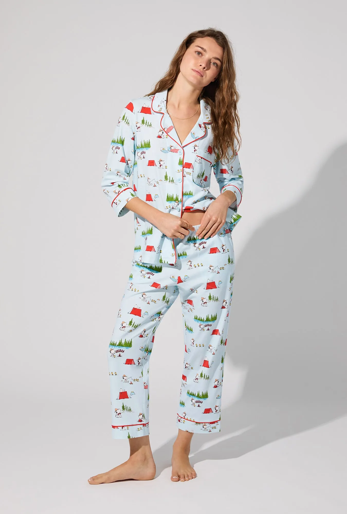 Peanuts® Camp Snoopy 3/4 Sleeve Classic Stretch Jersey Cropped PJ Set sold by BedHead