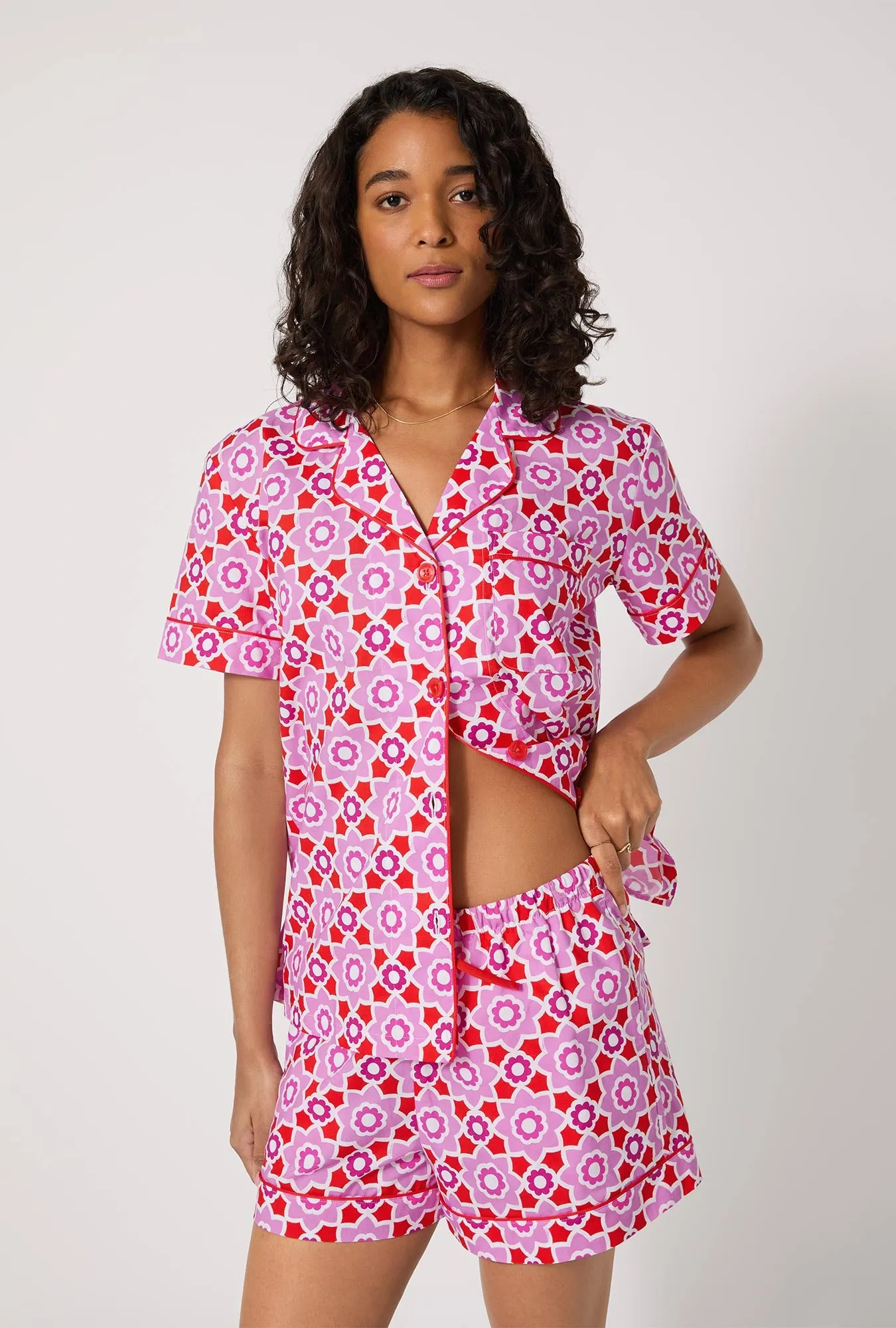 BedHead X Trina Turk Mosaic Tile Short Sleeve Classic Shorty Woven Cotton Poplin PJ Set sold by BedHead product image thumbnail 4