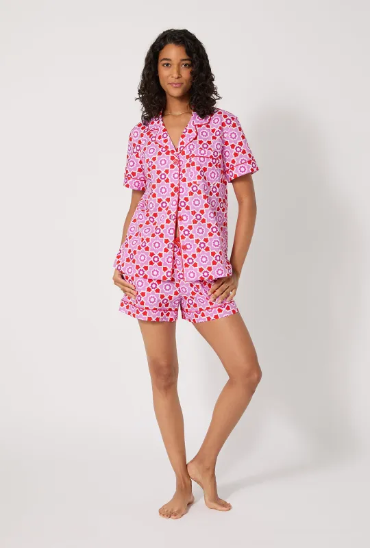 BedHead X Trina Turk Mosaic Tile Short Sleeve Classic Shorty Woven Cotton Poplin PJ Set sold by BedHead