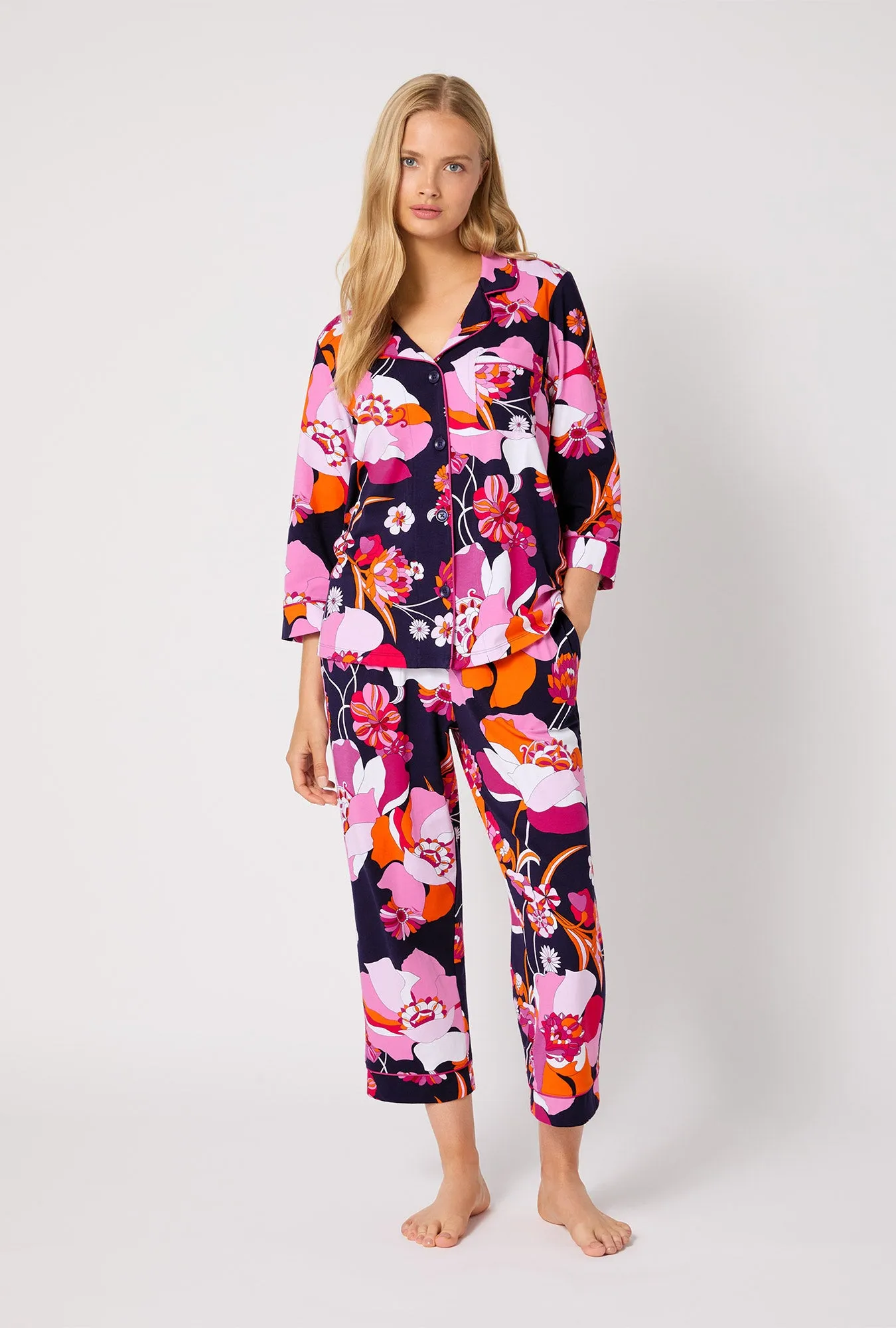 BedHead X Trina Turk Floral Medley 3/4 Sleeve Classic Stretch Jersey Cropped PJ Set sold by BedHead