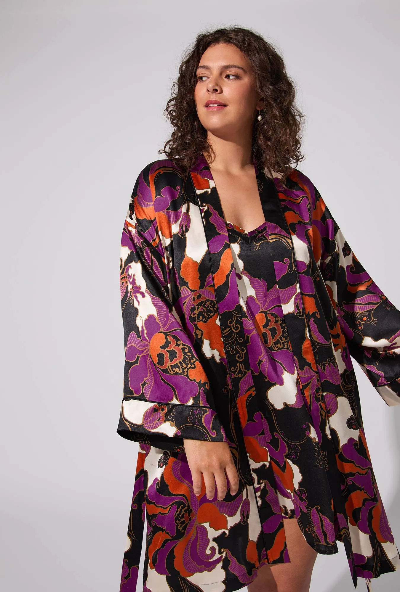 BedHead X Trina Turk Fall Floral Banded Collar Washable Silk Robe sold by BedHead
