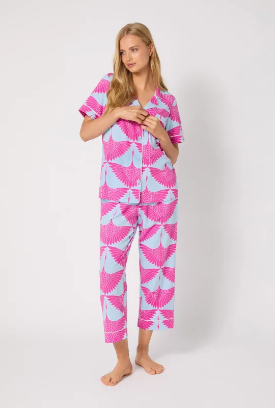 BedHead X Trina Turk Cranes Short Sleeve Classic Stretch Jersey Cropped PJ Set made by BedHead