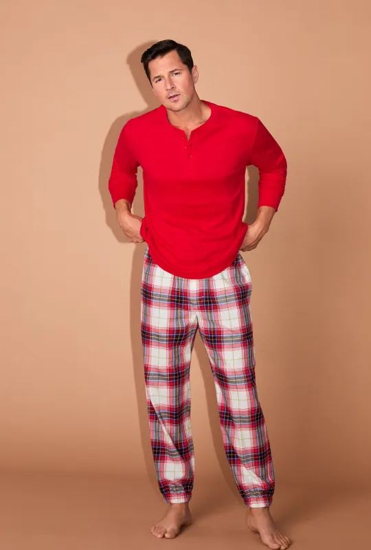 Equestrian Plaid Long Sleeve Henley And Jogger Woven Portuguese Flannel PJ Set sold by BedHead