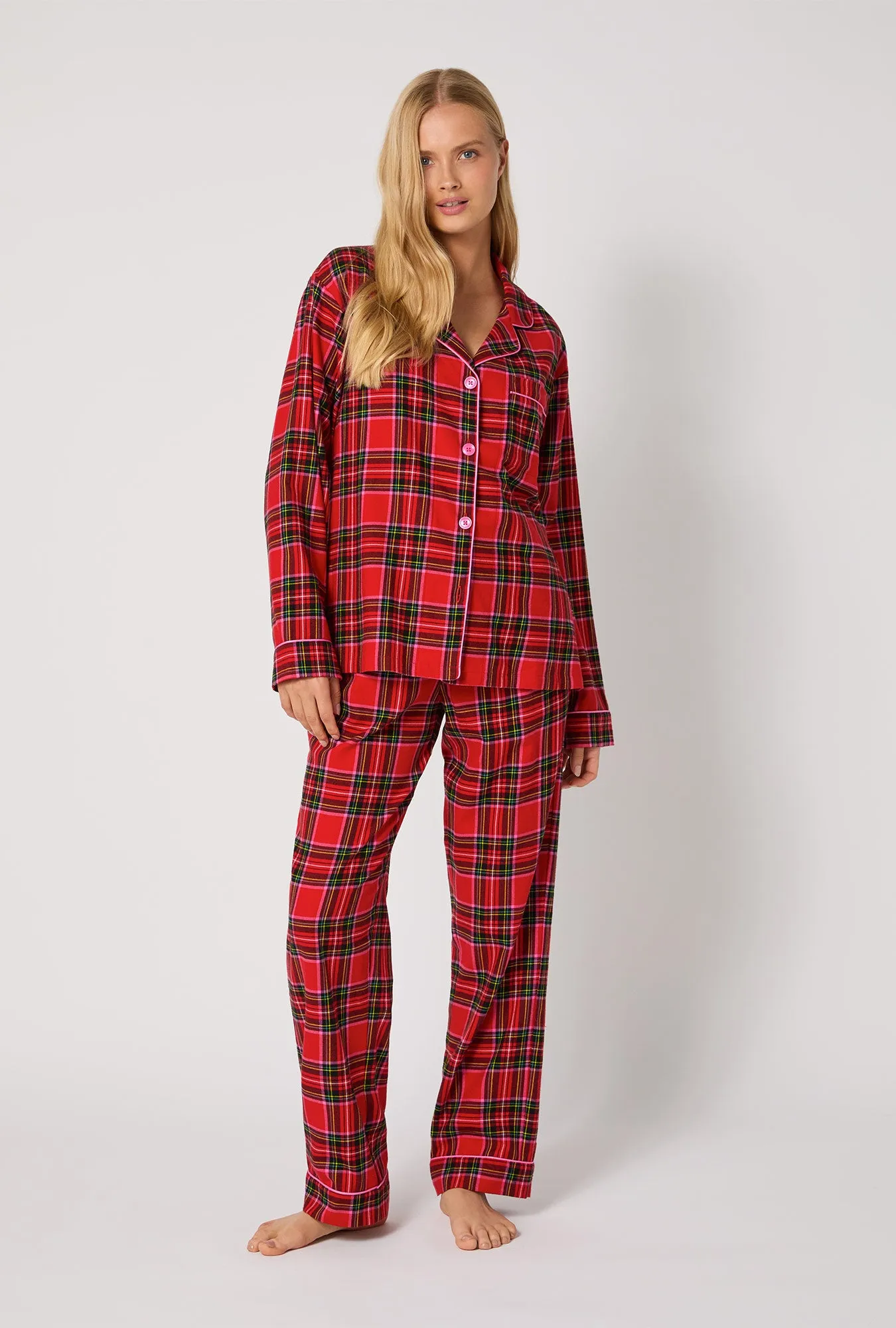 BedHead X Trina Turk Christmas Plaid Long Sleeve Classic Woven Portuguese Flannel PJ Set sold by BedHead