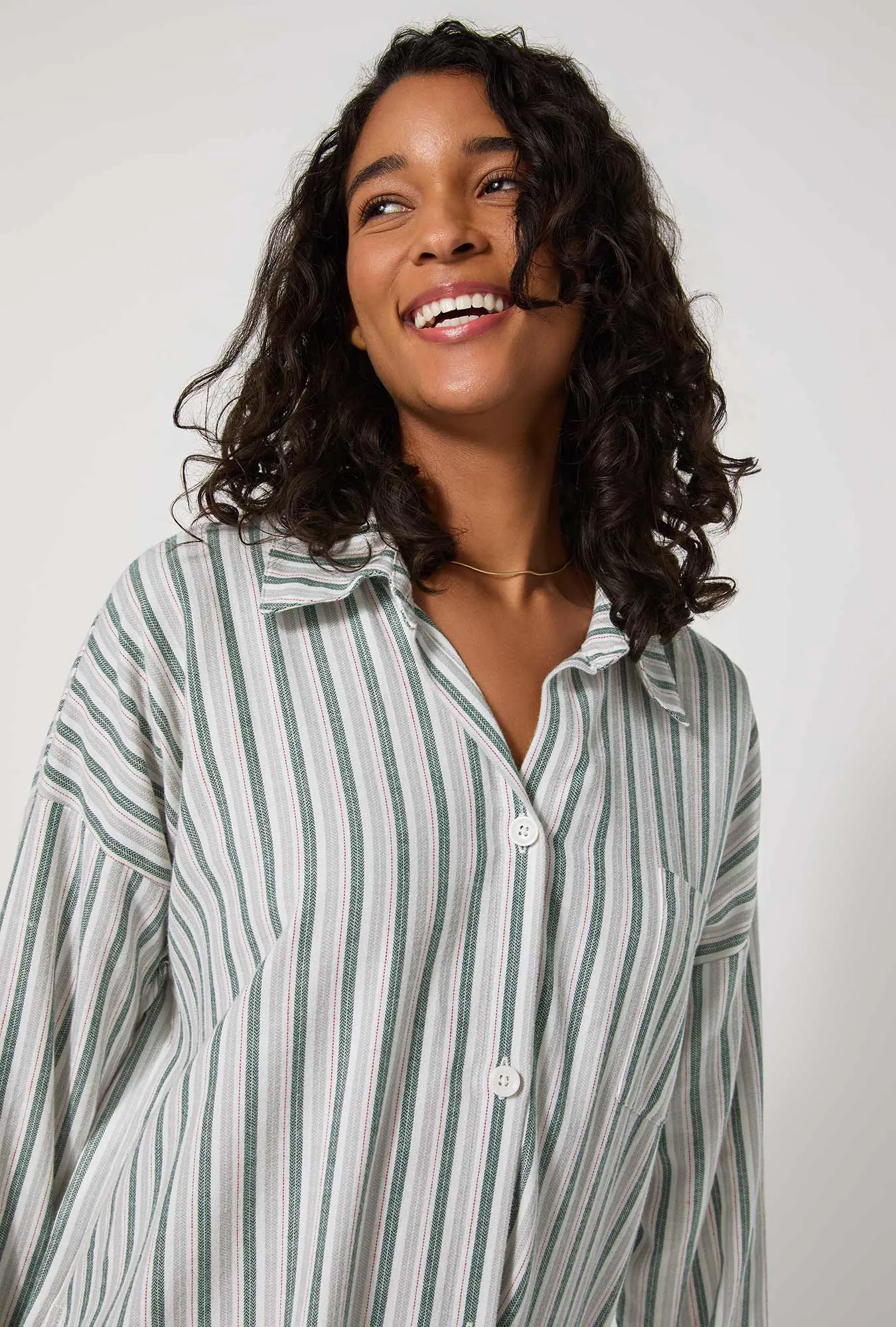 Peppermint Stripe High Low Woven Portuguese Flannel Boyfriend Shirt sold by BedHead product image thumbnail 4