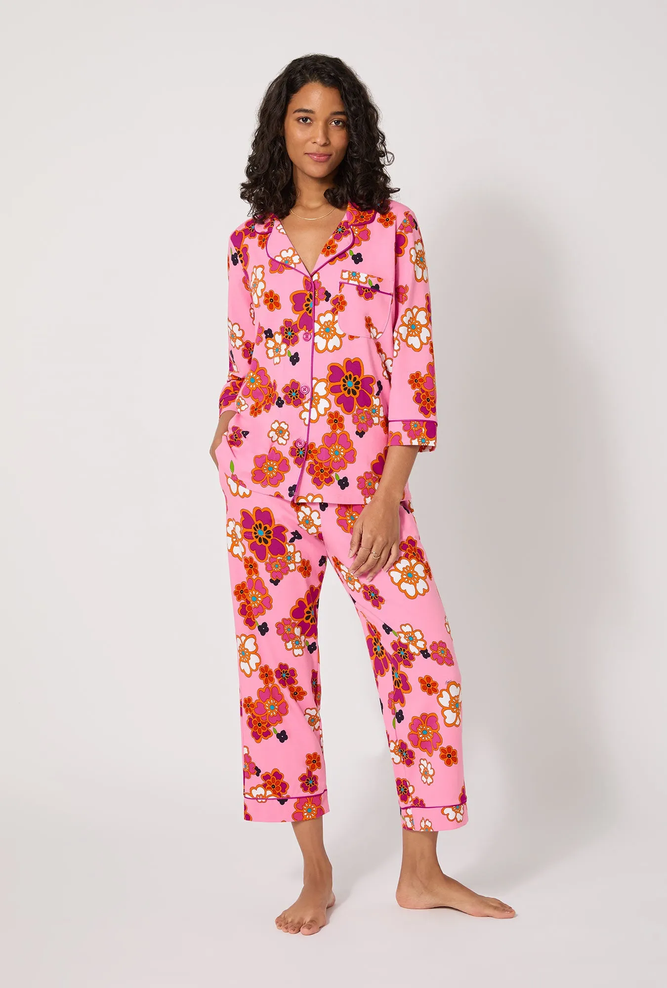 BedHead x Trina Turk Resort Floral 3/4 Sleeve Classic Stretch Jersey Cropped Pj Set sold by BedHead