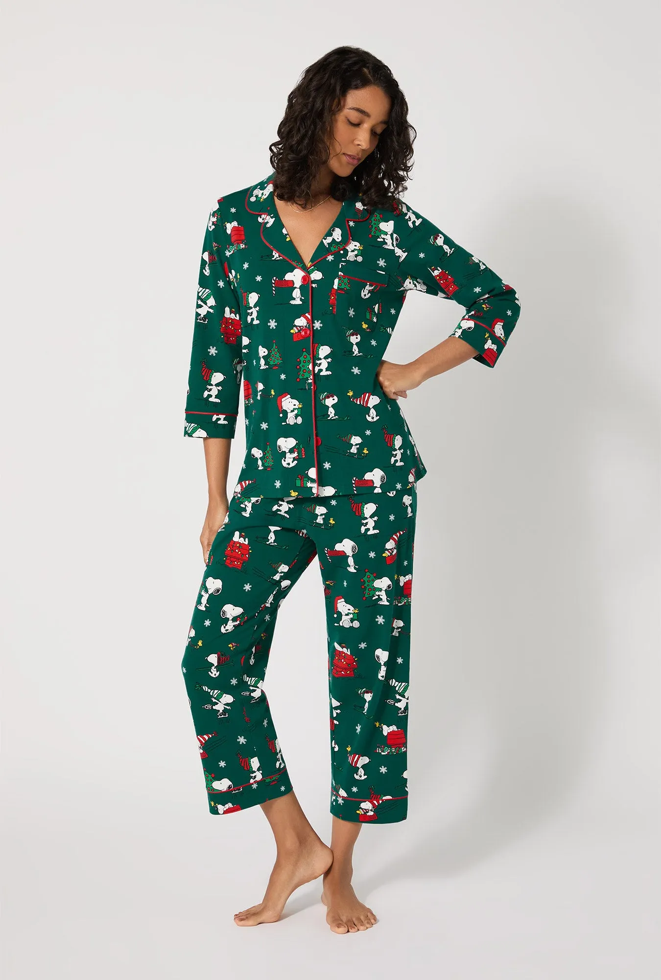 ®Snoopy's Holiday Fun 3/4 Sleeve Classic Stretch Jersey Cropped Pj Set sold by BedHead