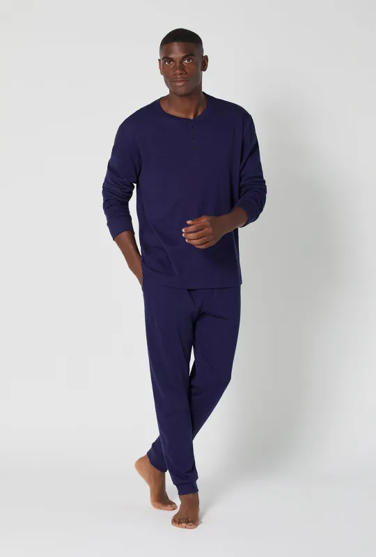 Midnight Navy Men's Long Sleeve Henley And Jogger Cotton Rib Pj Set sold by BedHead