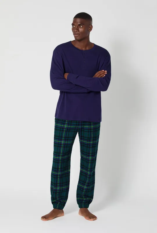 Walden Plaid Long Sleeve Henley And Jogger Woven Portuguese Flannel PJ Set sold by BedHead