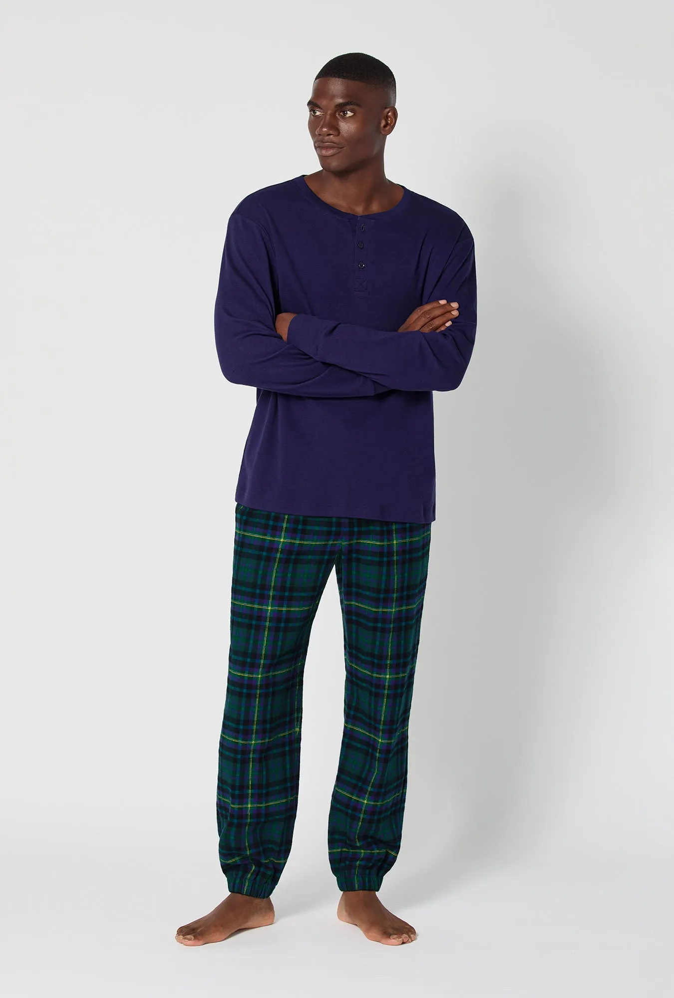 Walden Plaid Long Sleeve Henley And Jogger Woven Portuguese Flannel PJ Set sold by BedHead