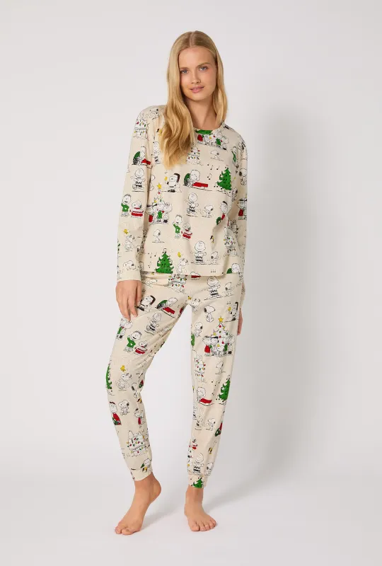 Peanuts® Celebration Long Sleeve Pullover Crew And Jogger Stretch Jersey Pj Set sold by BedHead