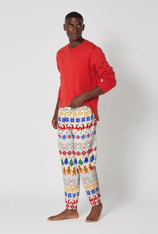 Deck The Halls Men's Long Sleeve Henley And Jogger Stretch Jersey Pj Set sold by BedHead