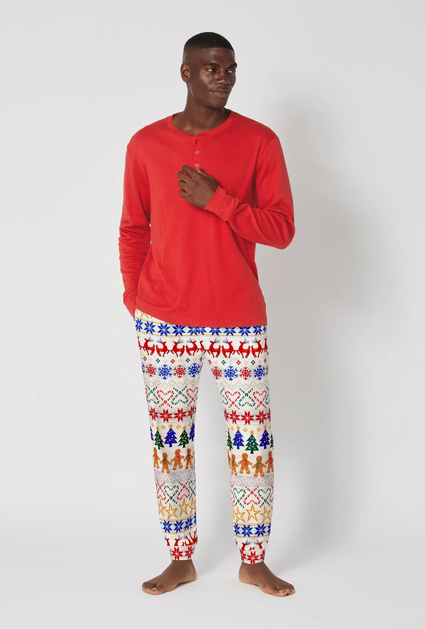 Deck The Halls Men's Long Sleeve Henley And Jogger Stretch Jersey Pj Set sold by BedHead product image thumbnail 2