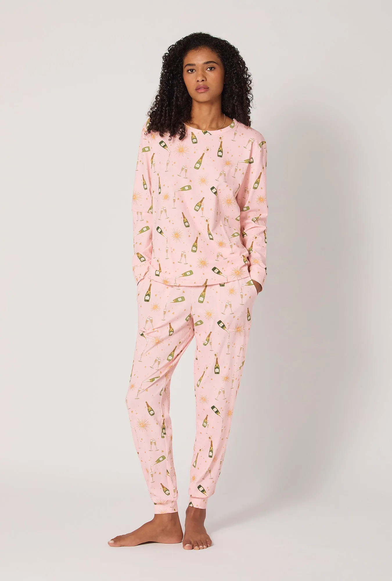 Pop Fizz Clink Long Sleeve Pullover Crew And Jogger Stretch Jersey Pj Set sold by BedHead