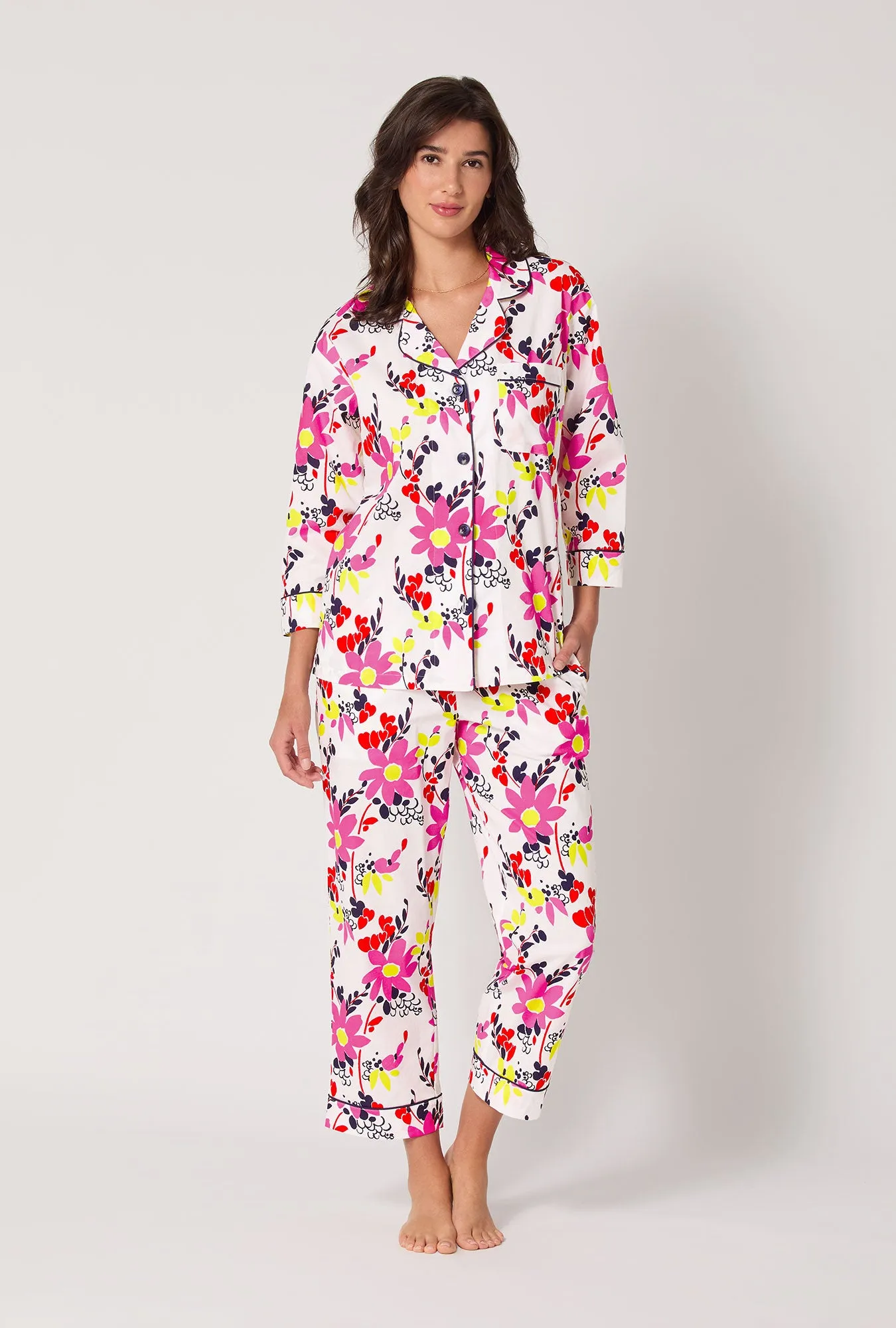 BedHead x Trina Turk Whimsical Floral 3/4 Sleeve Classic Woven Cotton Cropped Pj Set sold by BedHead