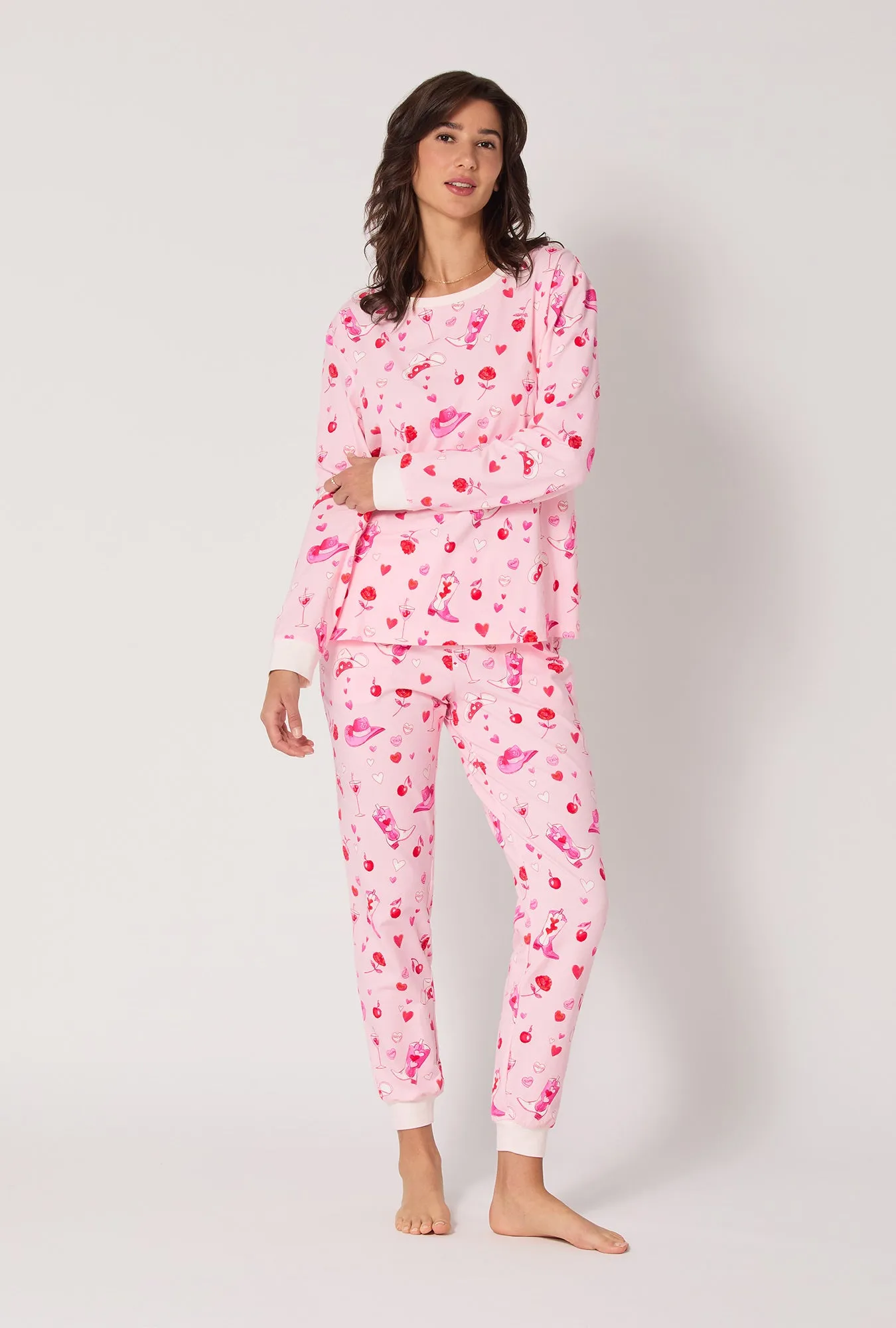 Giddy Up Galentine Long Sleeve Pullover Crew And Jogger Stretch Jersey Pj Set sold by BedHead
