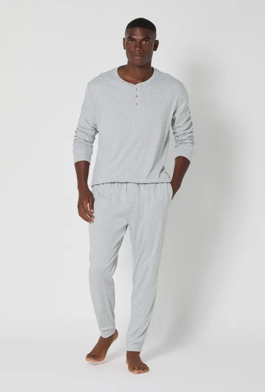 True Grey Heather Men's Long Sleeve Henley And Jogger Cotton Rib Pj Set sold by BedHead
