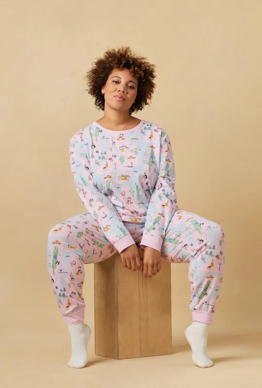 New York, New York Long Sleeve Pullover Crew And Jogger Stretch Jersey Pj Set sold by BedHead