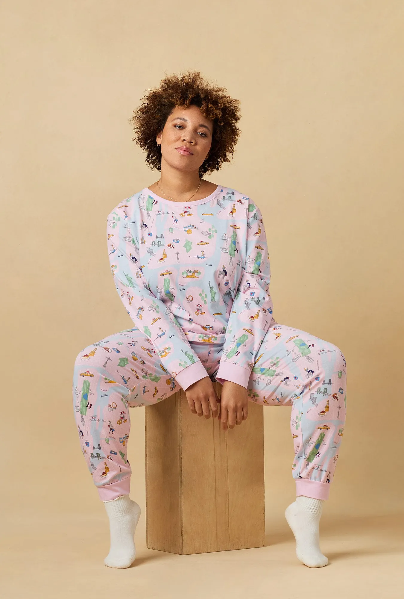 New York, New York Long Sleeve Pullover Crew And Jogger Stretch Jersey Pj Set sold by BedHead