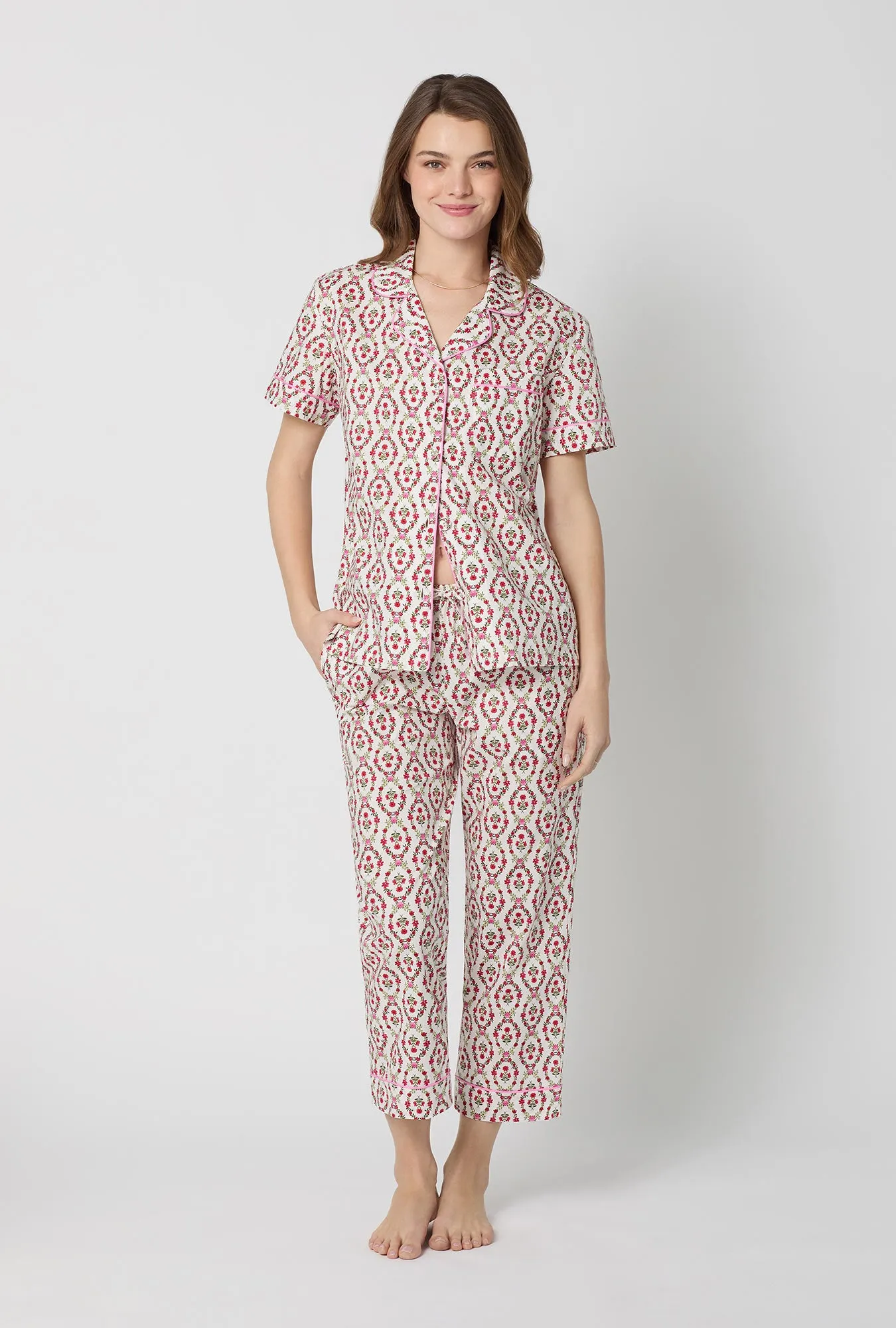 Olivia Short Sleeve Classic Woven Cotton Poplin Cropped Pj Set sold by BedHead