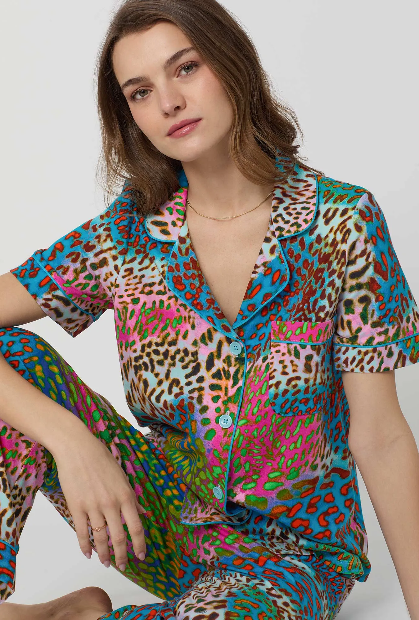 BedHead x Trina Turk Spray Leopard Short Sleeve Classic Stretch Jersey Cropped Pj Set sold by BedHead