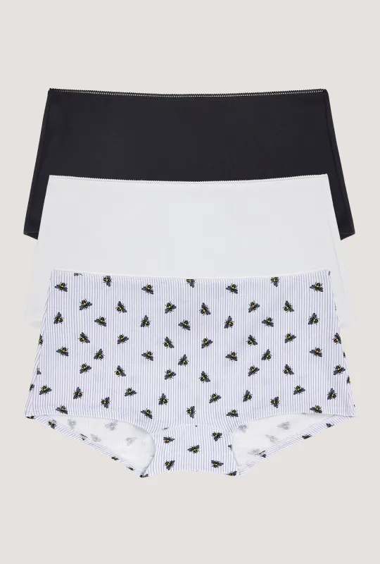 Stretch Jersey Boyshort Underwear 3 Pack - Black, White, Honey Bees made by BedHead